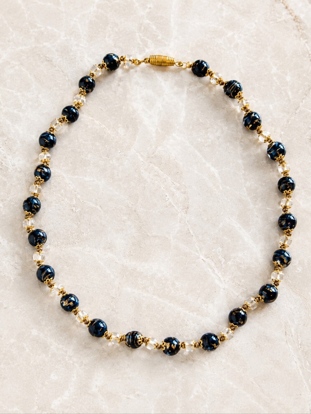 Vintage Black Venetian Gold Foil & Cut Crystal Bead Necklace